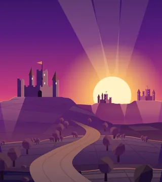 A road winding over rolling hills to a castle with towers and flags, at sunset.
