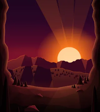 Looking out from inside a great cave, past the stalactites, at a red sky.