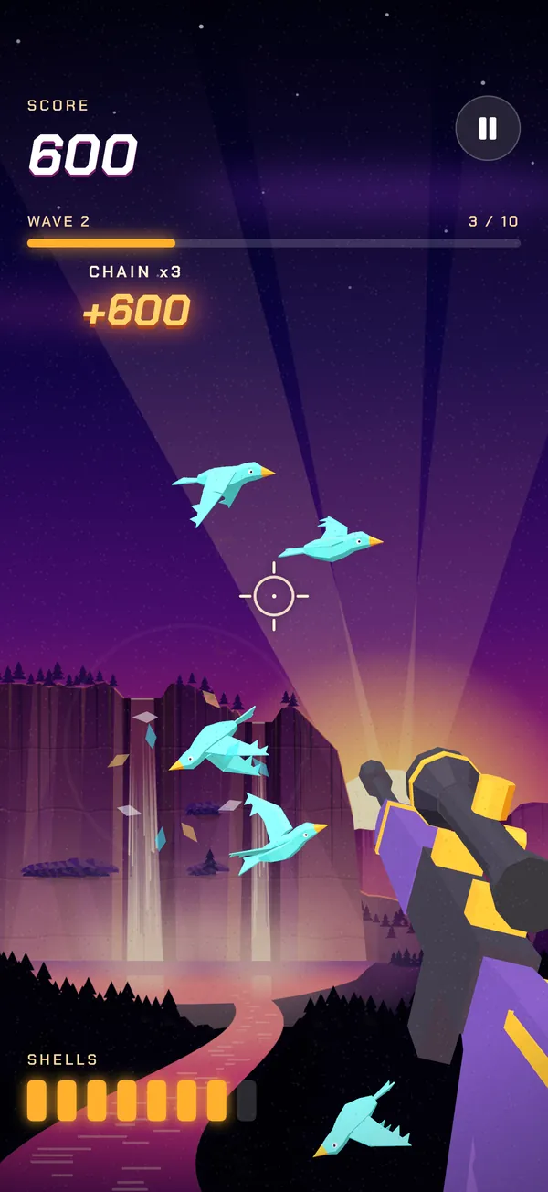 A real FlockAim screen just after a chain: birds tumbling down and a gold CHAIN popup with the points it scored.
